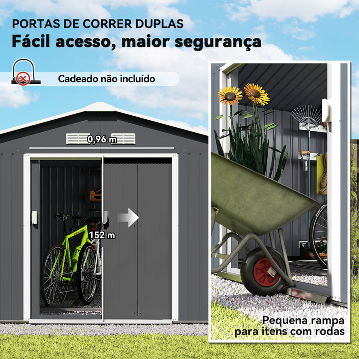 Galpão de jardim Galpão de armazenamento para ferramentas com porta deslizante dupla aço galvanizado 340x382x200 cm cinza