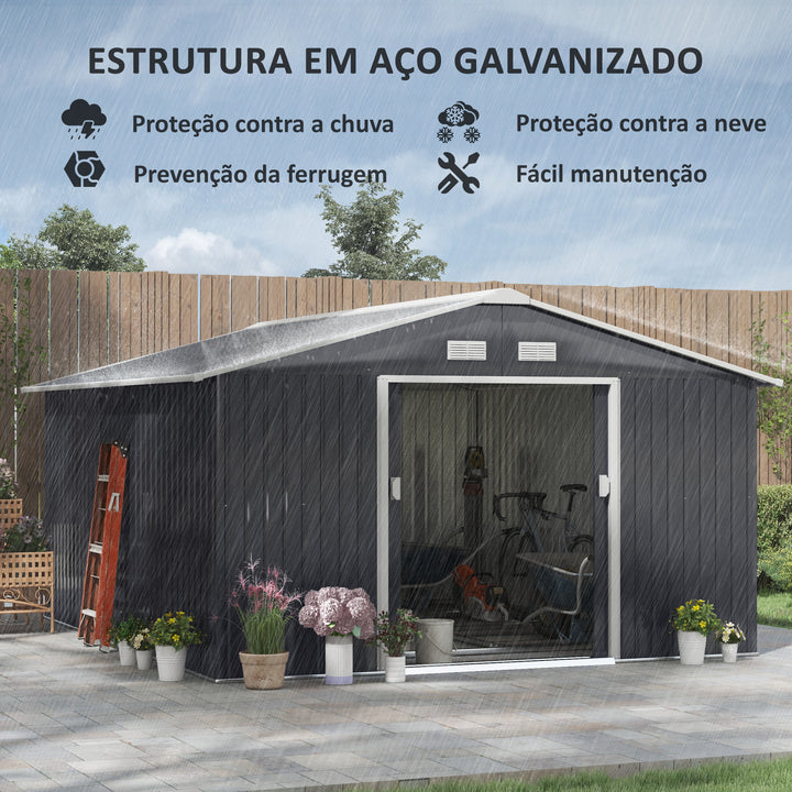 Galpão de jardim Galpão de armazenamento para ferramentas com porta deslizante dupla aço galvanizado 340x382x200 cm cinza