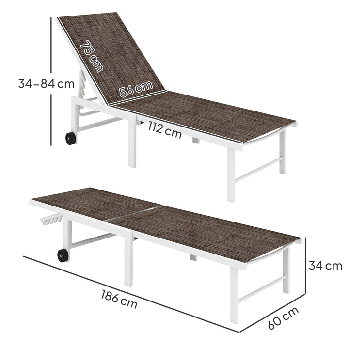 Espreguiçadeira Reclinável Espreguiçadeira Jardim com Rodas Encosto Ajustável em 5 Níveis e Estrutura de Aço Carga 120 kg para Pátio Varanda 166x60x84 cm Marrom