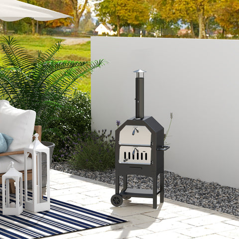Forno de Pizza Exterior com 2 Camadas Forno a Lenha com Rodas Gaveta Removível Prateleira de Armazenamento para Terraço Campismo Jardim 64x54x160 cm Preto