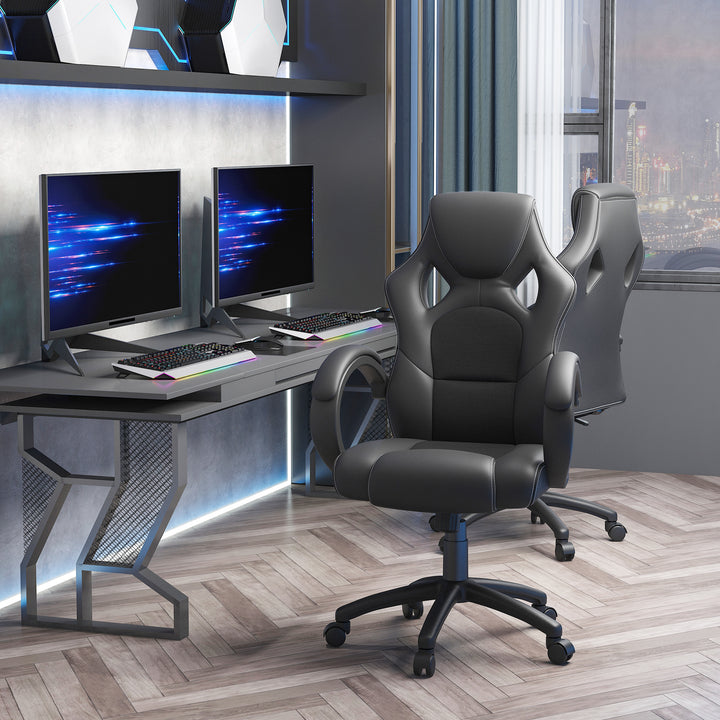 Cadeira de Escritório Ergonómica Cadeira de Escritório Giratória com Altura Ajustável Encosto Alto Estofado em Couro PU e Malha Transpirável 71x61x108-118cm Preto