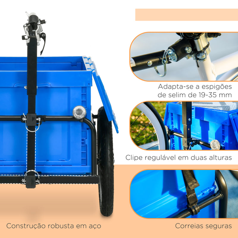 Reboque de Carga para Bicicleta Carrinho para Bicicleta com Caixa de Armazenamento Dobrável Alça Ajustável e Refletores Seguros Carga 40 kg 145x61x76/81 cm Azul