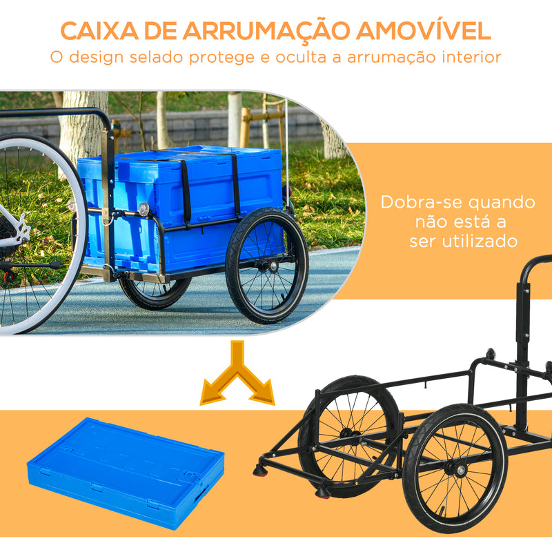 Reboque de Carga para Bicicleta Carrinho para Bicicleta com Caixa de Armazenamento Dobrável Alça Ajustável e Refletores Seguros Carga 40 kg 145x61x76/81 cm Azul