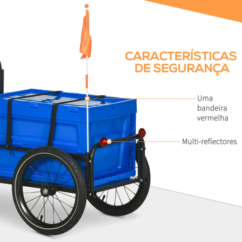 Reboque de Carga para Bicicleta Carrinho para Bicicleta com Caixa de Armazenamento Dobrável Alça Ajustável e Refletores Seguros Carga 40 kg 145x61x76/81 cm Azul