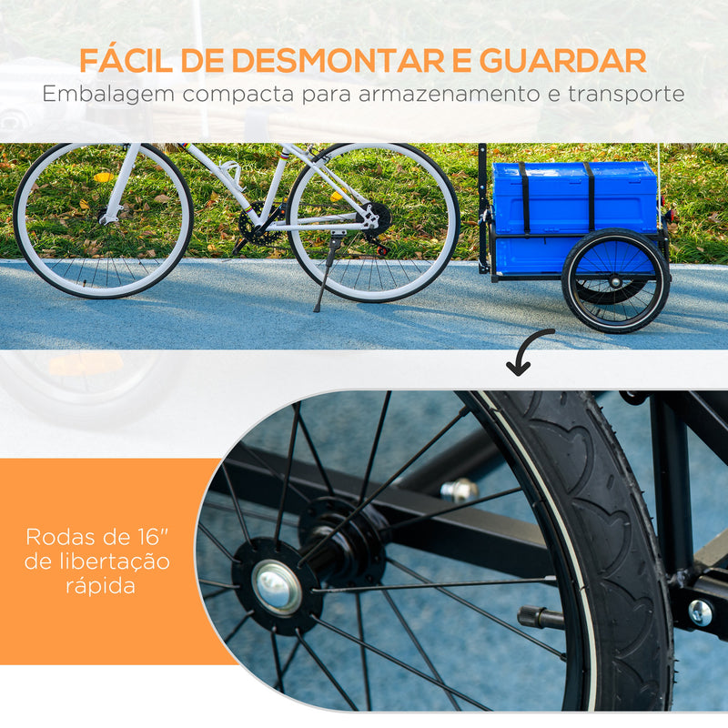 Reboque de Carga para Bicicleta Carrinho para Bicicleta com Caixa de Armazenamento Dobrável Alça Ajustável e Refletores Seguros Carga 40 kg 145x61x76/81 cm Azul