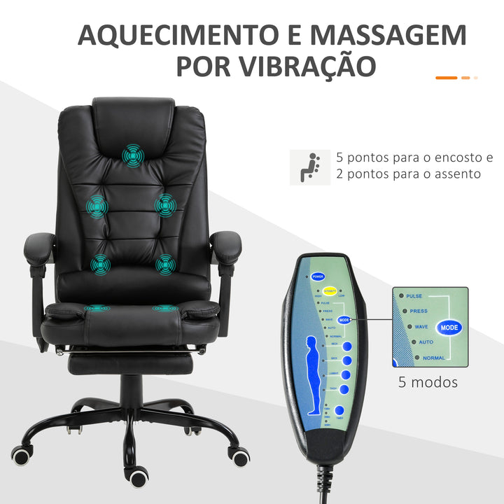 Cadeira de Massagem com 7 Pontos de Massagem Cadeira de Escritório Reclinável com Altura Ajustável Apoio para os Pés e Controlo Remoto 67x79x111-121 cm Preto