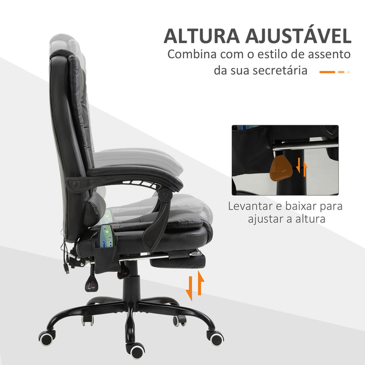 Cadeira de Massagem com 7 Pontos de Massagem Cadeira de Escritório Reclinável com Altura Ajustável Apoio para os Pés e Controlo Remoto 67x79x111-121 cm Preto