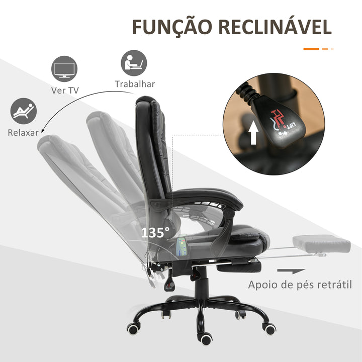 Cadeira de Massagem com 7 Pontos de Massagem Cadeira de Escritório Reclinável com Altura Ajustável Apoio para os Pés e Controlo Remoto 67x79x111-121 cm Preto