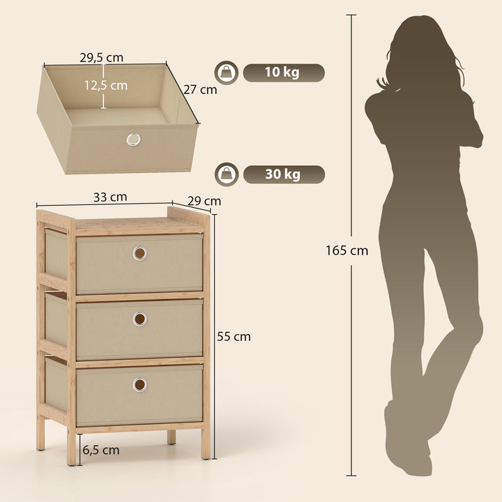 Cómoda de Bambu com 3 Gavetas de Tecido para Espaços Pequenos, Ideal para Quarto, Sala ou Escritório, Creme e Madeira