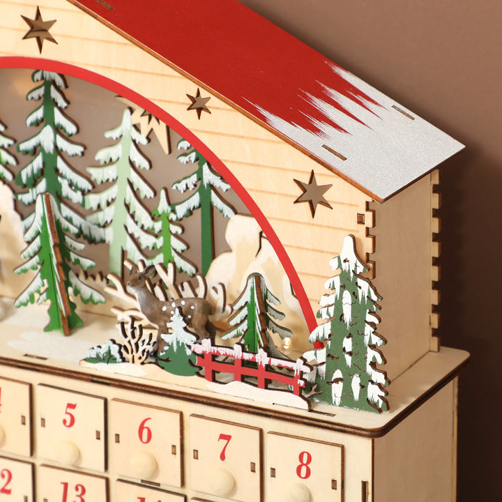Calendário do Advento em Madeira com Luzes LED e 24 Gavetas Calendário do Advento de Natal com Cena de Vila Decoração Natalícia 36x10x34 cm Madeira e Vermelho