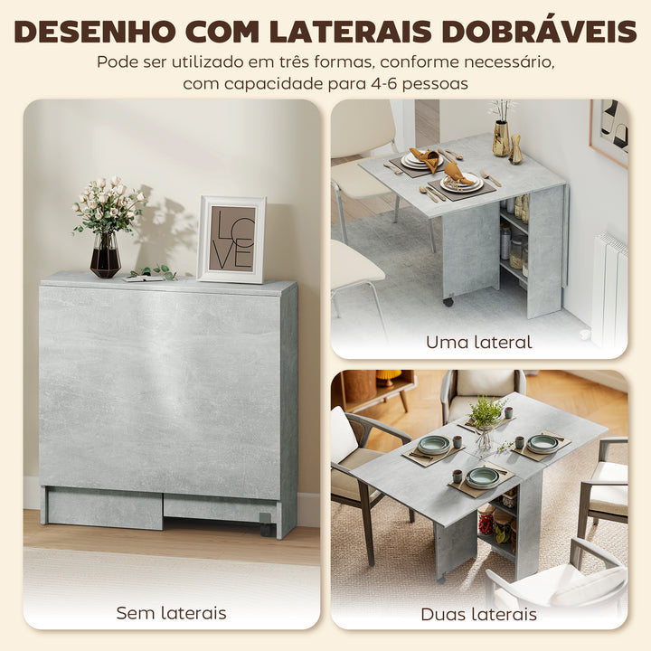 Mesa de Sala de Jantar Dobrável Mesa de Madeira com 2 Prateleiras de Armazenamento e Rodas para Cozinha 75x140x74 cm Cinza