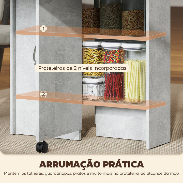 Mesa de Sala de Jantar Dobrável Mesa de Madeira com 2 Prateleiras de Armazenamento e Rodas para Cozinha 75x140x74 cm Cinza