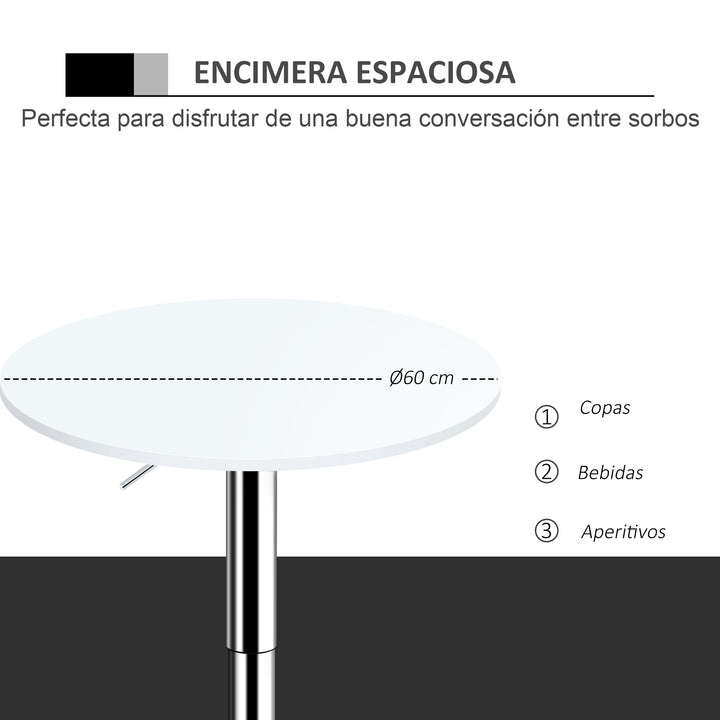 Mesa de bar ajustável em altura com base redonda e antideslizante para cozinha sala de jantar Ø60x69-93 cm Branco