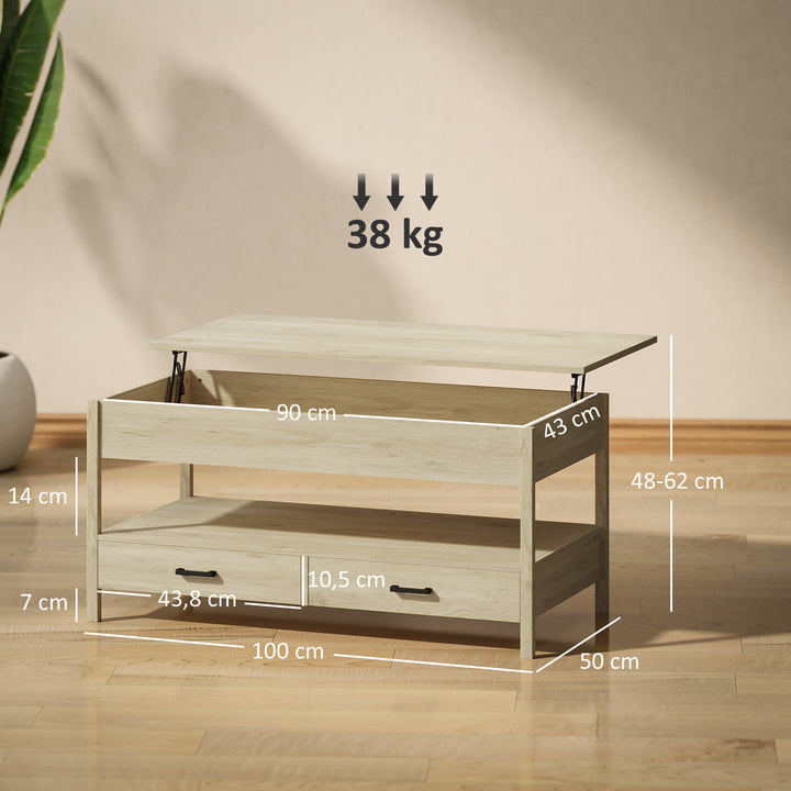 Mesa de Centro Elevável Mesa de Centro com Bancada Elevável Espaço Oculto de Armazenamento Gavetas e Prateleira Aberta 100x50x48-62 cm Carvalho