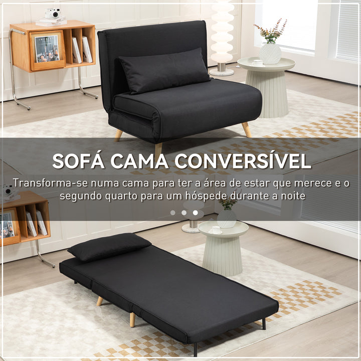 Poltrona 3 em 1 Sofá Cama Individual Dobrável com Encosto Ajustável em 6 Posições e Almofada para Sala de Estar Dormitório Escritório Carga 350 kg 94x78x80 cm Preto