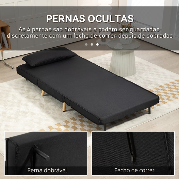 Poltrona 3 em 1 Sofá Cama Individual Dobrável com Encosto Ajustável em 6 Posições e Almofada para Sala de Estar Dormitório Escritório Carga 350 kg 94x78x80 cm Preto