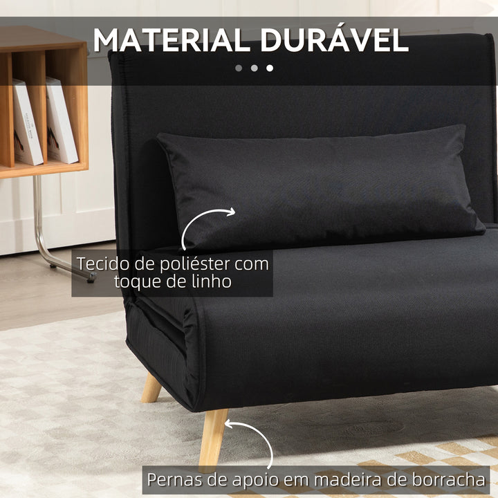 Poltrona 3 em 1 Sofá Cama Individual Dobrável com Encosto Ajustável em 6 Posições e Almofada para Sala de Estar Dormitório Escritório Carga 350 kg 94x78x80 cm Preto