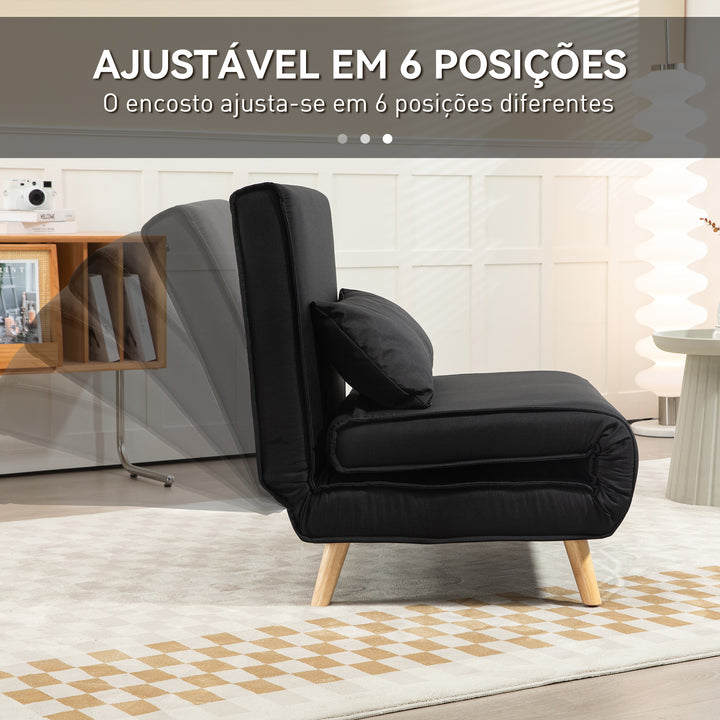 Poltrona 3 em 1 Sofá Cama Individual Dobrável com Encosto Ajustável em 6 Posições e Almofada para Sala de Estar Dormitório Escritório Carga 350 kg 94x78x80 cm Preto