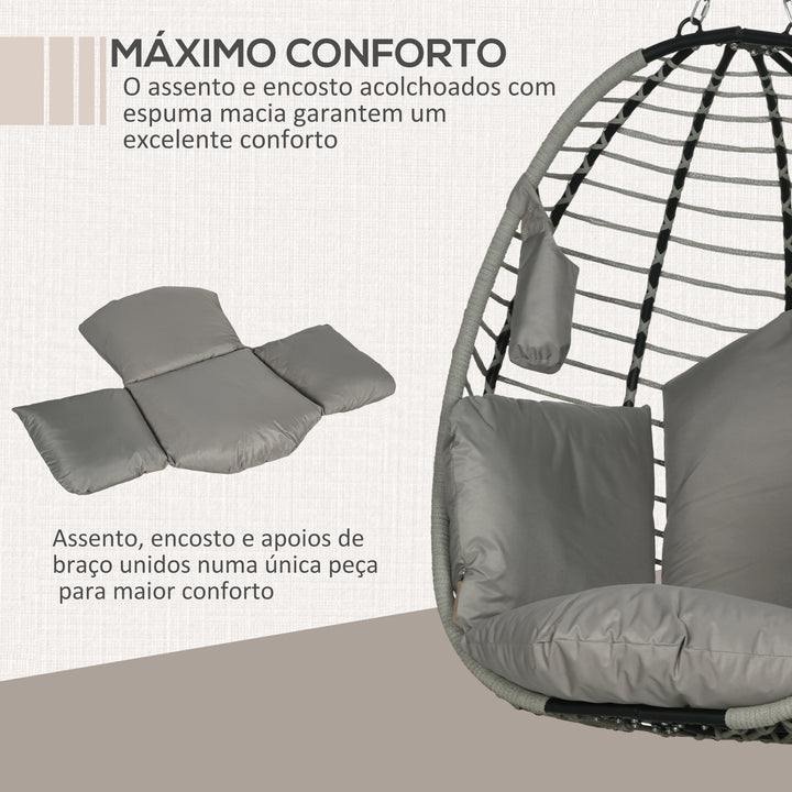 Cadeira Supensa com Suporte Cadeirão Suspenso de Jardim com Cesta Dobrável Almofada e Apoio para a Cabeça Cadeira Suspensa para Interior e Exterior Carga 120 kg 110x100x188 cm Cinza e Preto