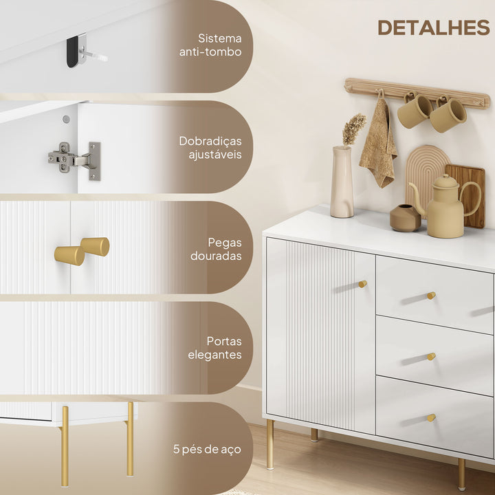 Aparador Moderno de 2 Portas Aparador de Sala de Estar com 3 Gavetas Prateleiras Ajustáveis Bancada com Efeito Mármore Pés em Aço para Cozinha Entrada Quarto 120x39,1x76 cm Branco