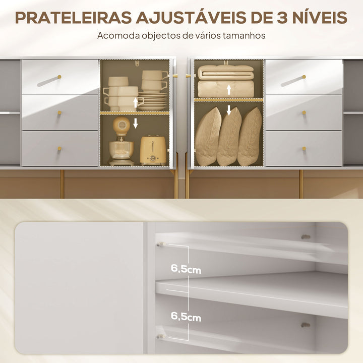 Aparador Moderno de 2 Portas Aparador de Sala de Estar com 3 Gavetas Prateleiras Ajustáveis Bancada com Efeito Mármore Pés em Aço para Cozinha Entrada Quarto 120x39,1x76 cm Branco