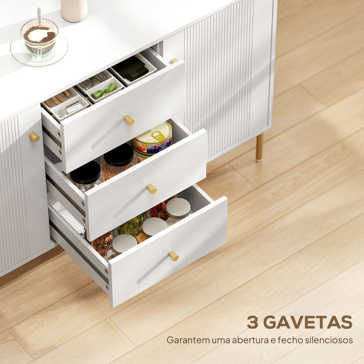 Aparador Moderno de 2 Portas Aparador de Sala de Estar com 3 Gavetas Prateleiras Ajustáveis Bancada com Efeito Mármore Pés em Aço para Cozinha Entrada Quarto 120x39,1x76 cm Branco