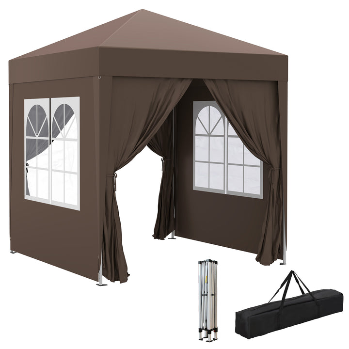 Tenda Dobrável 2x2 m Tenda de Jardim com 4 Paredes Laterais Tecido Oxford 2 Portas 2 Janelas e Bolsa de Transporte para Exterior Terraço Campismo Festas Marrom