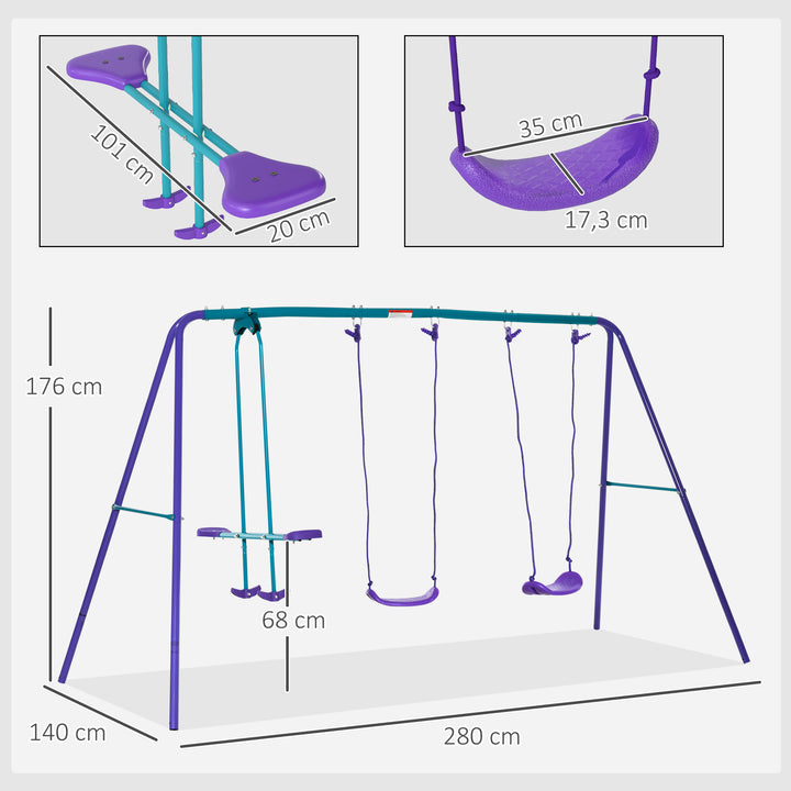 Conjunto de Baloiços de Jardim de Metal com Altura Ajustável Baloiços para Crianças acima de 3 Anos com Baloiço Duplo Baloiço para Pátio Exterior 280x140x178 cm Azul e Roxo