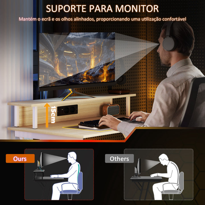 Secretária Gaming com Luzes LED 100x60x88,5 cm Mesa Gaming com Tomadas de Corrente Suporte para Monitor Prateleiras e Controlo Remoto para Escritório Estúdio Madeira