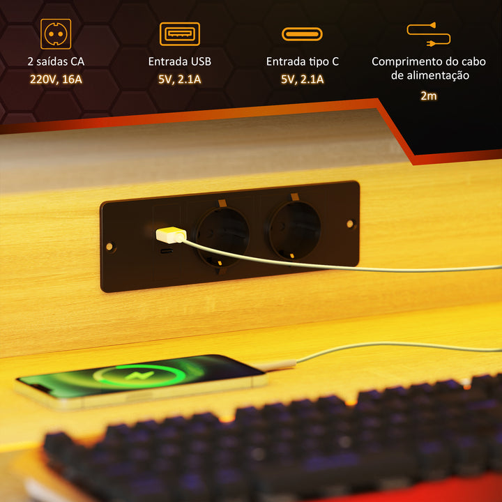 Secretária Gaming com Luzes LED 100x60x88,5 cm Mesa Gaming com Tomadas de Corrente Suporte para Monitor Prateleiras e Controlo Remoto para Escritório Estúdio Madeira
