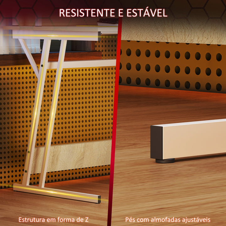 Secretária Gaming com Luzes LED 100x60x88,5 cm Mesa Gaming com Tomadas de Corrente Suporte para Monitor Prateleiras e Controlo Remoto para Escritório Estúdio Madeira