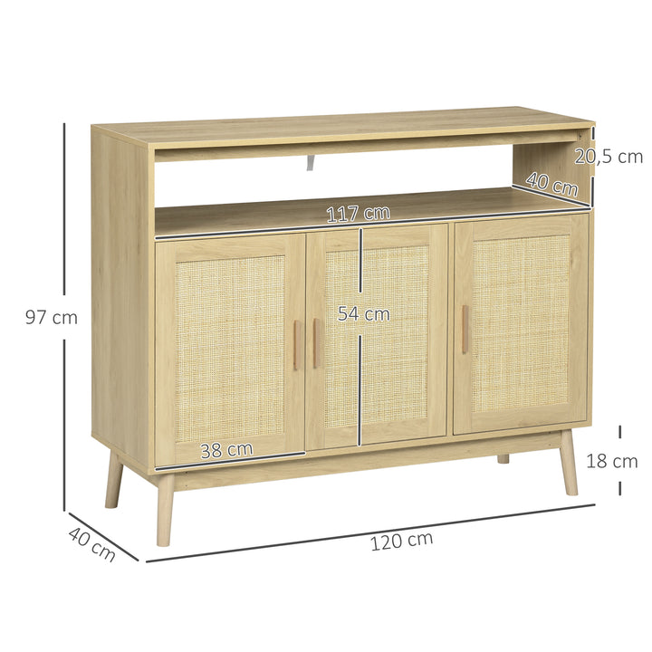 Aparador Sala de Estar de Estilo Cannage Móvel Buffet Auxiliar com 3 Portas de Vime Prateleiras Ajustáveis e Pés de Madeira para Sala de Estar Sala de Jantar 120x40x97 cm Madeira