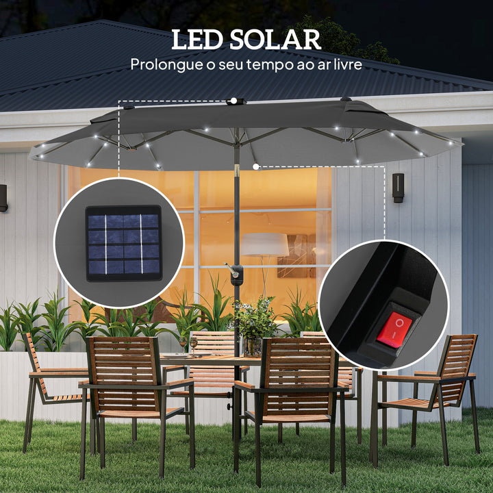 Chapéu de Sol Duplo 295x150x219 cm Chapéu de Sol de Jardim com Luzes LED Solares Teto com Inclinação Ajustável e Manivela Manual para Pátio Piscina Praia Cinza