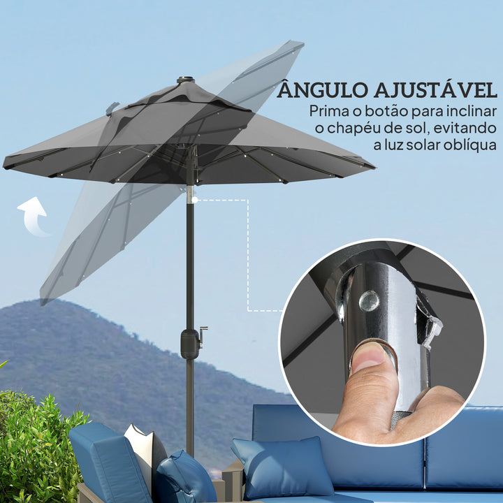 Chapéu de Sol Duplo 295x150x219 cm Chapéu de Sol de Jardim com Luzes LED Solares Teto com Inclinação Ajustável e Manivela Manual para Pátio Piscina Praia Cinza