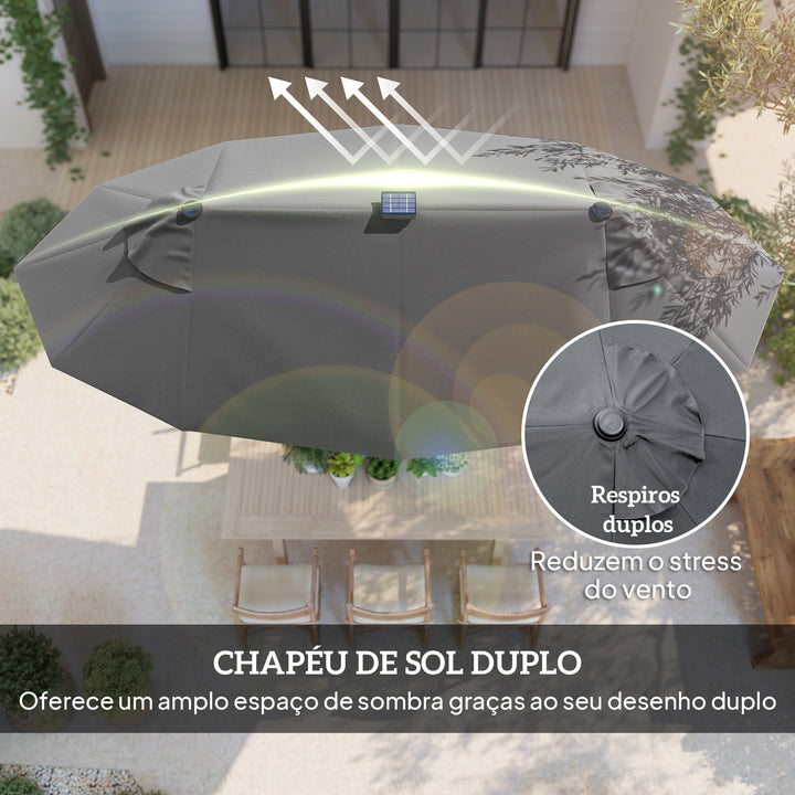 Chapéu de Sol Duplo 295x150x219 cm Chapéu de Sol de Jardim com Luzes LED Solares Teto com Inclinação Ajustável e Manivela Manual para Pátio Piscina Praia Cinza