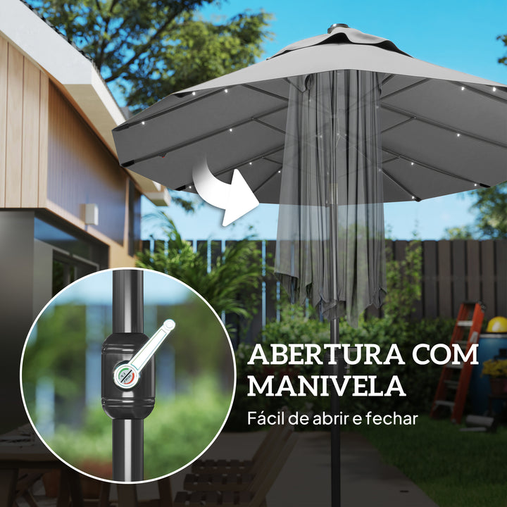 Chapéu de Sol Duplo 295x150x219 cm Chapéu de Sol de Jardim com Luzes LED Solares Teto com Inclinação Ajustável e Manivela Manual para Pátio Piscina Praia Cinza