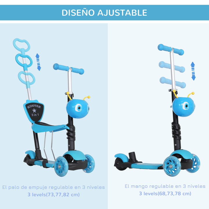 trotinete 5 em 1 para crianças de acima de1 ano trotinete de 3 rodas com assento removível guiador ajustável 62x25x72,5 cm Azul