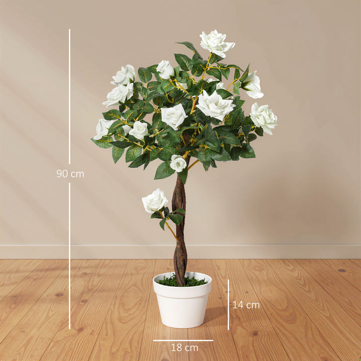 Planta artificial de 90 cm Rosa branca realista com 21 flores e 350 folhas Pote de cimento incluído para interior e exterior