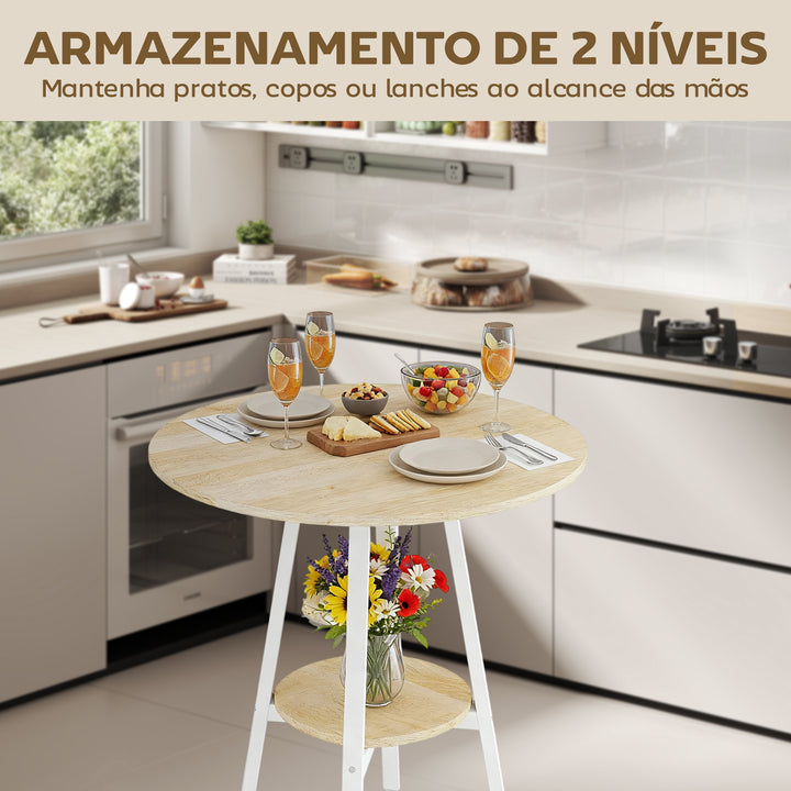 Mesa Alta de Cozinha Redonda com Prateleira de Armazenamento Mesa Alta de Bar Moderna para 2 Pessoas com Estrutura de Metal 55x55x95 cm Madeira e Branco