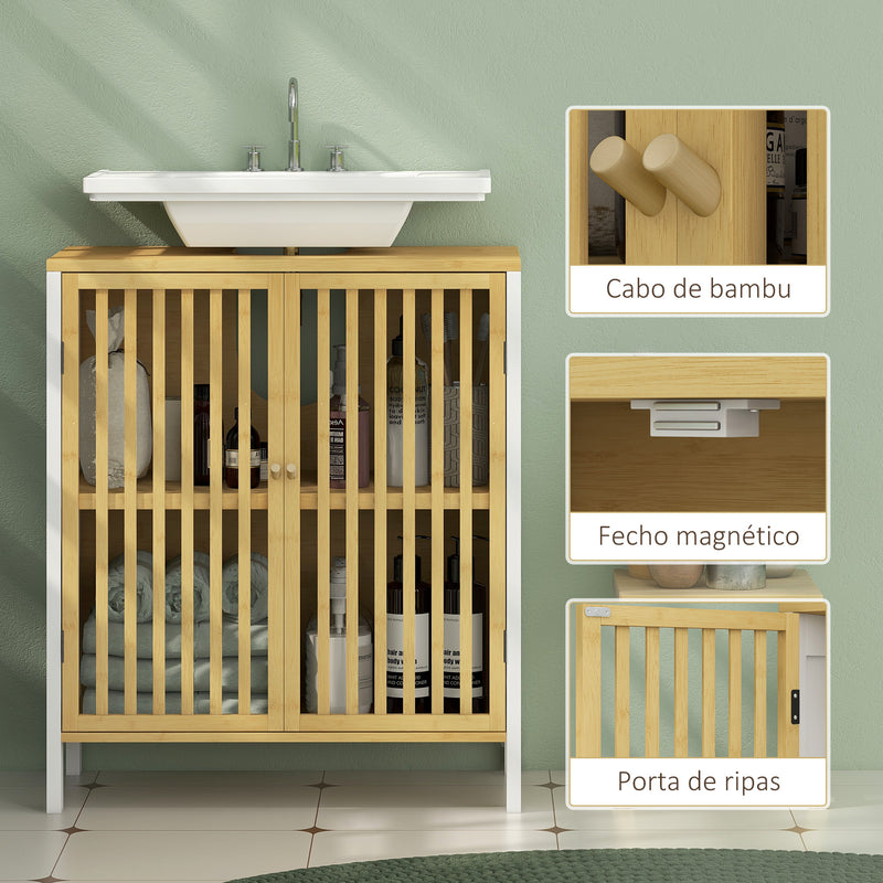 Móvel para Lavatório Pousar Armário de Bambu para Casa de Banho com Porta Dupla e Prateleira Ajustável Carga 30 kg 60x30x70 cm Natural e Branco