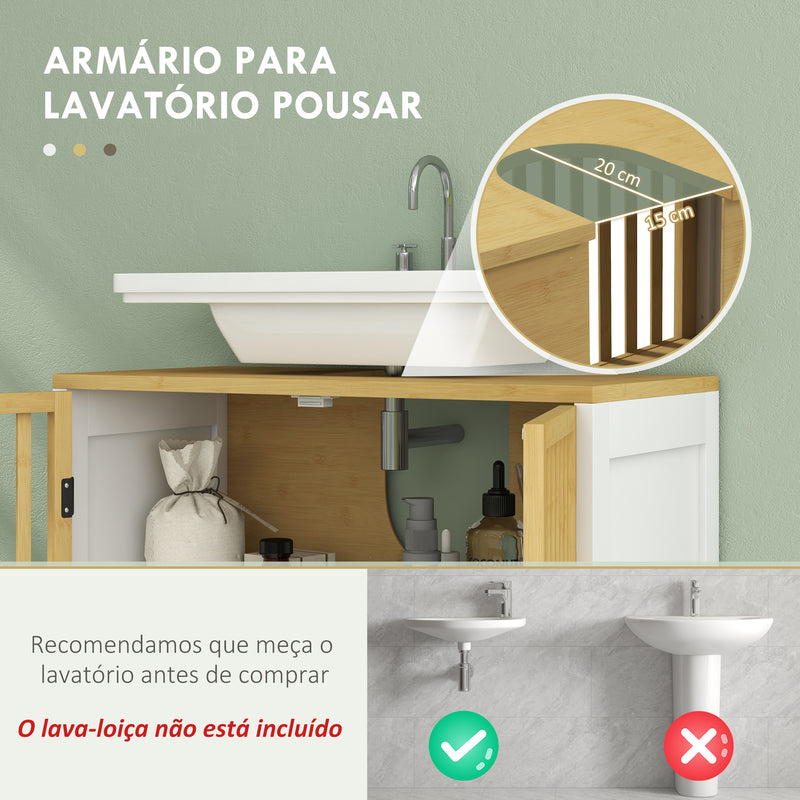 Móvel para Lavatório Pousar Armário de Bambu para Casa de Banho com Porta Dupla e Prateleira Ajustável Carga 30 kg 60x30x70 cm Natural e Branco