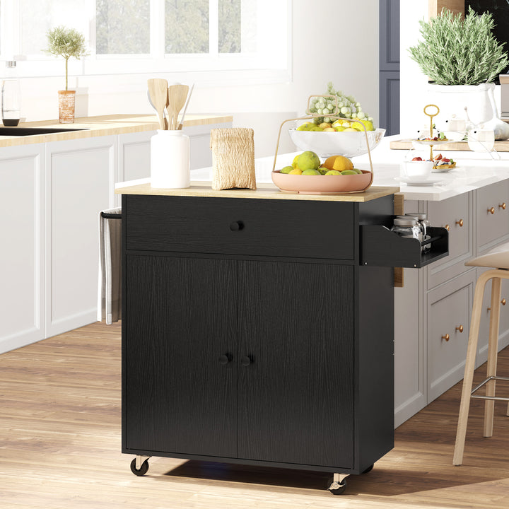 Ilha de Cozinha com Rodas Carrinho de Cozinha com Lateral Dobrável 2 Portas Gaveta Suporte para Temperos e Panos e Prateleira Ajustável 106x42x87 cm Preto e Carvalho
