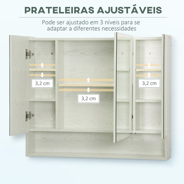 Armário de Casa de Banho com Espelho Armário de Parede com 3 Portas Prateleira Ajustável e Compartimento Móvel de Casa de Banho Suspenso 90x15x75 cm Madeira Clara