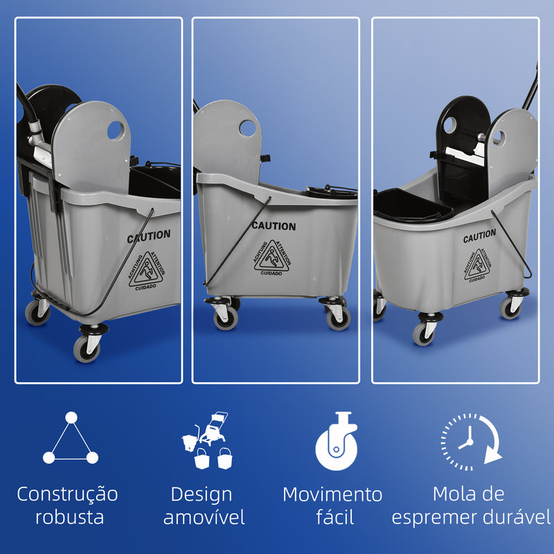 Balde de Esfregona Comercial Balde de Esfregona com Espremedor de Pressão para Baixo Capacidade 36L com 4 Rodas Silenciosas 2 Cubetas Separadas 54x41x91,5 cm Cinza