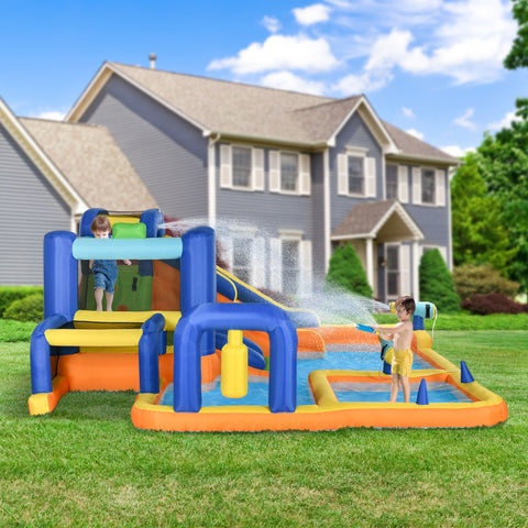 Castelo Insuflável Infantil 7 em 1 Castelo Insuflável para Crianças com Escorrega Piscina Parede de Escalada Insuflador e Bolsa de Transporte 430x420x200 cm Multicolorido