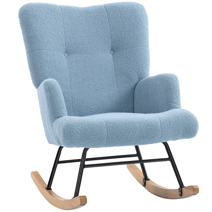 Poltrona Baloiço em Borrego Poltrona para Amamentação com Encosto Capitonê e Base de Madeira de Borracha Carga 120 kg Poltrona para Sala de Estar Dormitório 65x88x87 cm Azul Claro