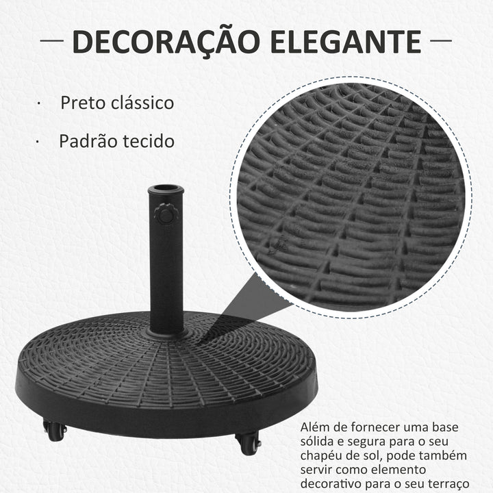Base para Chapéu de Sol Redonda Ø52 cm Suporte com Rodas e Peso de 22,7 kg Compatível com Postes Ø38 mm e Ø48 mm Ideal para Jardim, Pátio e Terraço Preto