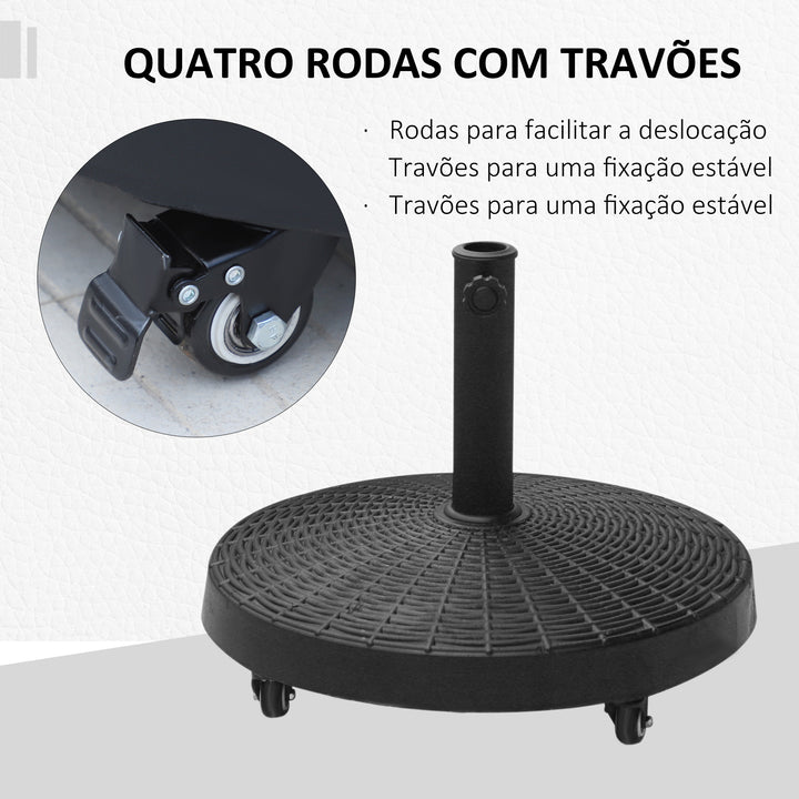 Base para Chapéu de Sol Redonda Ø52 cm Suporte com Rodas e Peso de 22,7 kg Compatível com Postes Ø38 mm e Ø48 mm Ideal para Jardim, Pátio e Terraço Preto