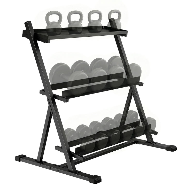 Suporte para Halteres de 3 Níveis Estante de Armazenamento de Pesos de Aço com Barras Ajustáveis para Treino em Ginásio Casa Capacidade 200 kg 88x66x88 cm
