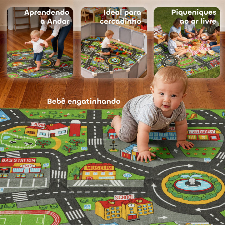 Tapete Infantil Estrada de Cidade 200x150 cm Tapete Educativo Antiderrapante para Bebés para Sala e Quarto Textura Suave Multicor